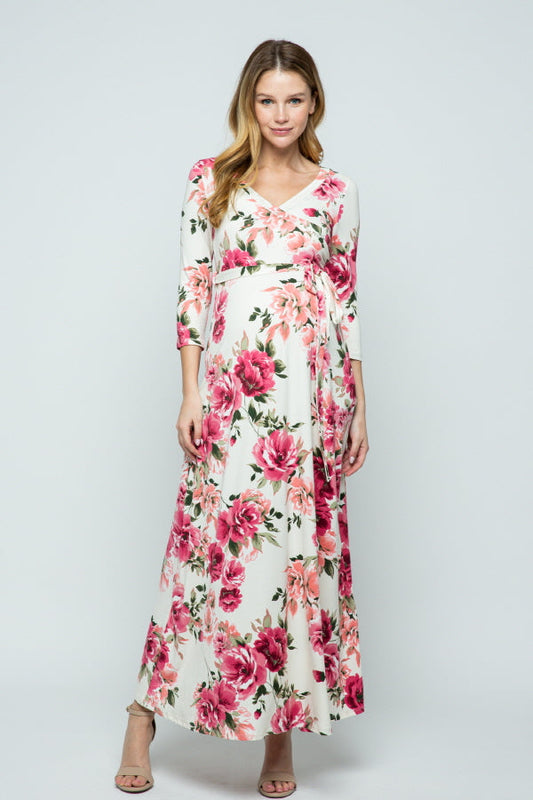 White-Pink Floral Maternity Nursing Maxi Dress