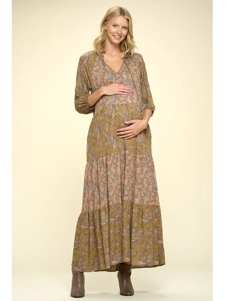 Maxi Tier Maternity Dress Tie Collar