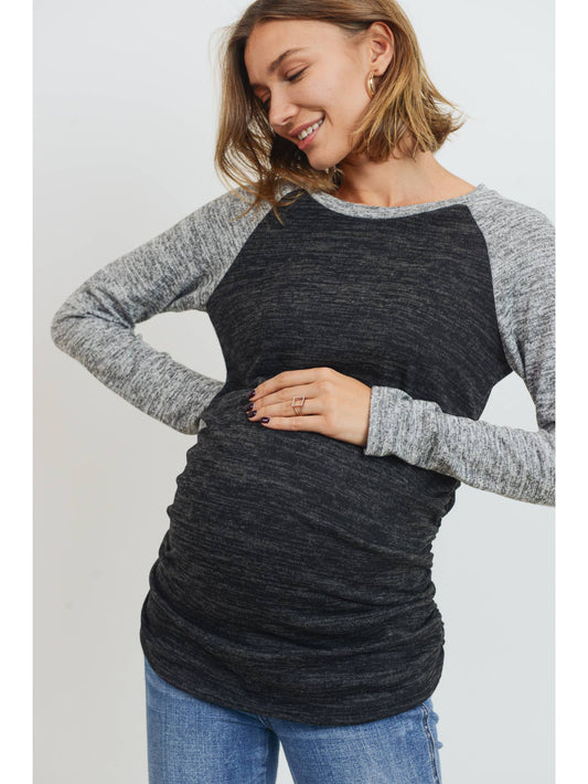 Long Sleeve Baseball Round Neck Ruched Maternity Top