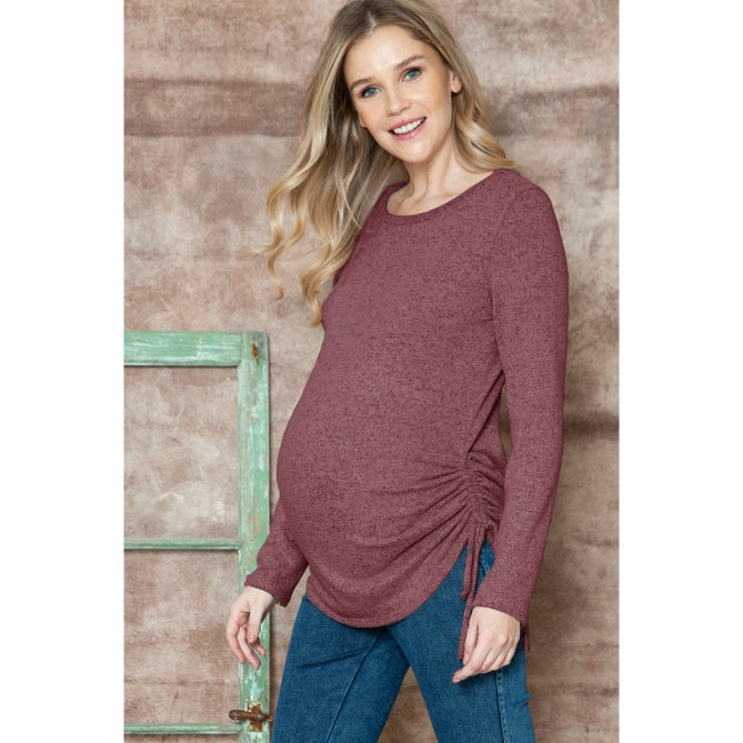 Maternity Side Shirring Drawstring Solid Basic Hacci Top