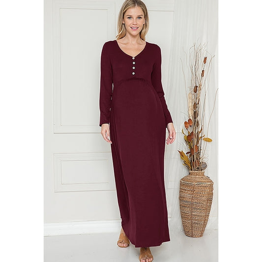 Maternity Shirring Button Solid Basic Lounge Maxi Dress