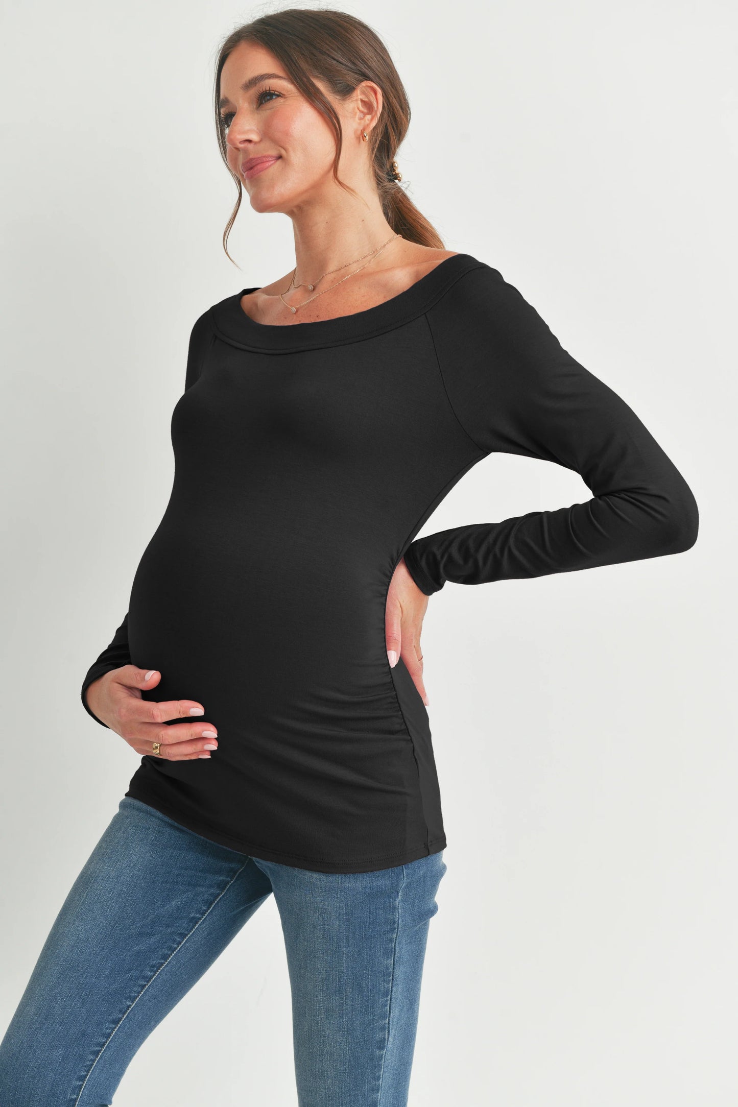 Ruched Long Sleeve Boatneck Top