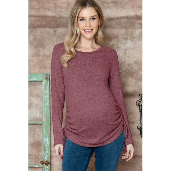 Maternity Side Shirring Drawstring Solid Basic Hacci Top