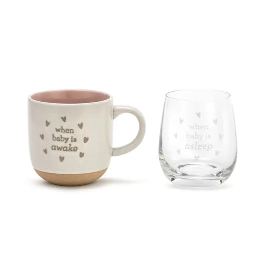 Mug and Wine Glass Set - When Baby Wakes/Sleeps