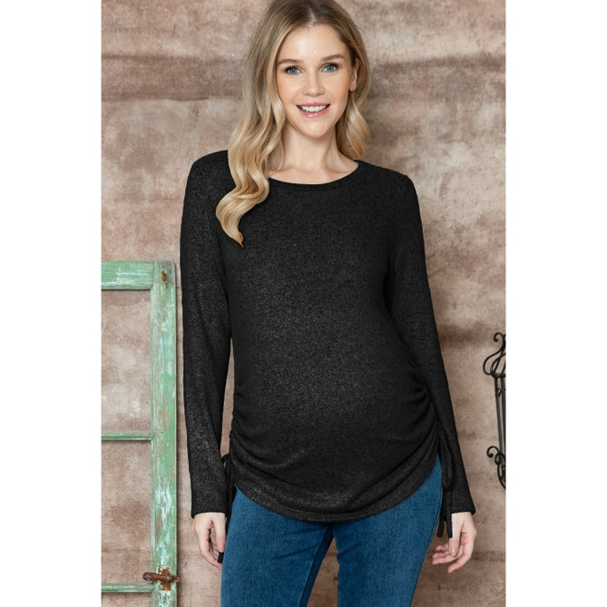 Maternity Side Shirring Drawstring Solid Basic Hacci Top